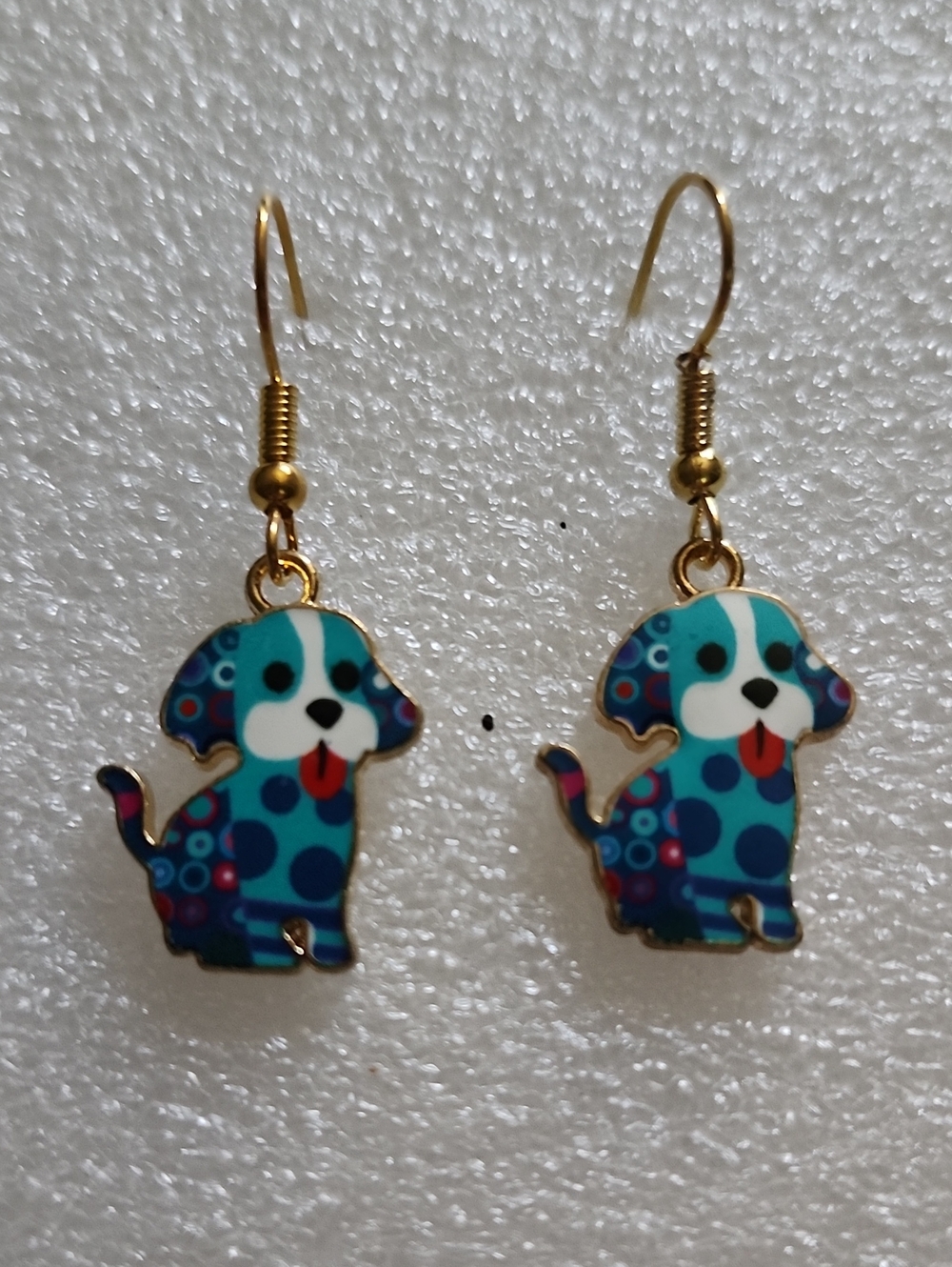 Hand Crafted Blue Teal Polka Dot Puppy Dangle Earrings